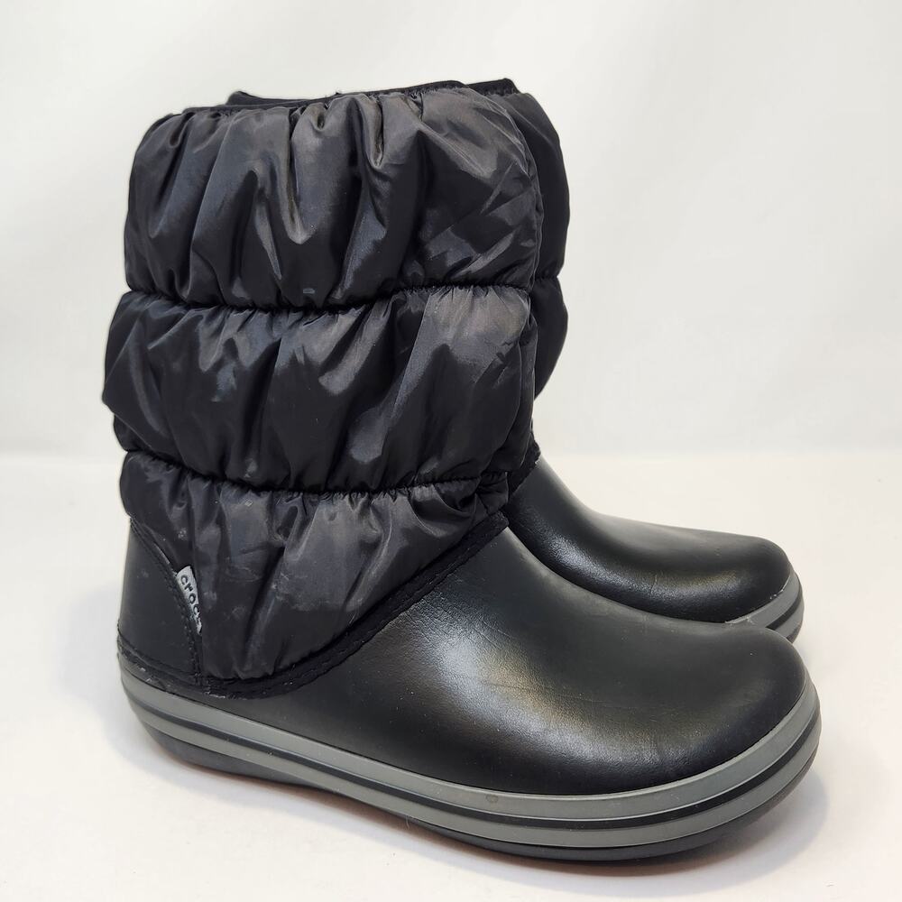 Crocs Black Gray Winter Puff Boots Women Size 8 Mid Calf Insulated Pull On